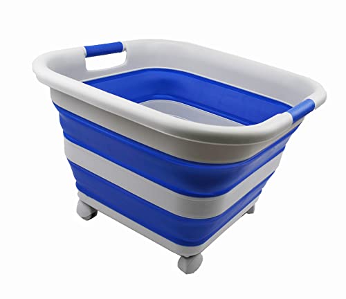 SAMMART 39L (10.3 Gallons) Collapsible Plastic Laundry Basket with Wheels-Foldable Pop Up Storage Container (1, Grey/Purplish Blue)