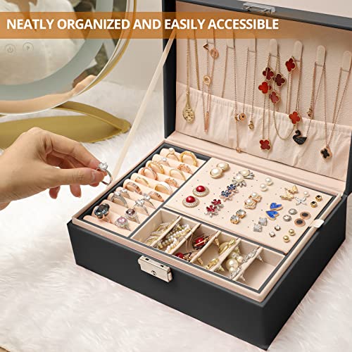 Sanikeon Jewelry Boxes for Women Girls 2 Layers leather Jewelry Organizer Case with Lock Storage Box Removable Tray for Necklace Earring Ring with Polishing Cloth and Jewelry Bags