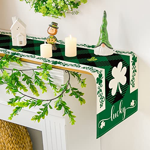 Artoid Mode Black Green Buffalo Plaid Lucky Shamrock St. Patrick's Day Table Runner, Seasonal Spring Holiday Kitchen Dining Table Decoration for Indoor Outdoor Home Party Decor 13 x 72 Inch