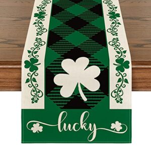 artoid mode black green buffalo plaid lucky shamrock st. patrick's day table runner, seasonal spring holiday kitchen dining table decoration for indoor outdoor home party decor 13 x 72 inch