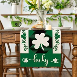 Artoid Mode Black Green Buffalo Plaid Lucky Shamrock St. Patrick's Day Table Runner, Seasonal Spring Holiday Kitchen Dining Table Decoration for Indoor Outdoor Home Party Decor 13 x 72 Inch
