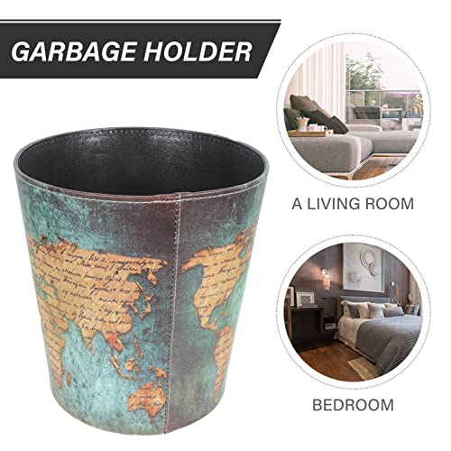 Cabilock Office Decor Retro Waste Bucket Leather Trash Can Paper Wastebasket: Waste Paper Bin European British Style Garbage Can Uncovered Waste Bin World Map Pattern Waste Paper Basket Car Decor