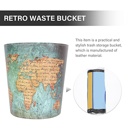 Cabilock Office Decor Retro Waste Bucket Leather Trash Can Paper Wastebasket: Waste Paper Bin European British Style Garbage Can Uncovered Waste Bin World Map Pattern Waste Paper Basket Car Decor