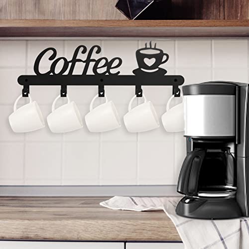 TOPZEA Coffee Mug Holder Wall Mounted, Metal Coffee Mugs Hanger Display Rack with 5 Hooks, Hanging Cup Storage Organizer Decorative Coffee Sign Decor for Kitchen, Coffee Bar Station Accessories