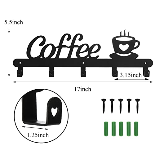 TOPZEA Coffee Mug Holder Wall Mounted, Metal Coffee Mugs Hanger Display Rack with 5 Hooks, Hanging Cup Storage Organizer Decorative Coffee Sign Decor for Kitchen, Coffee Bar Station Accessories