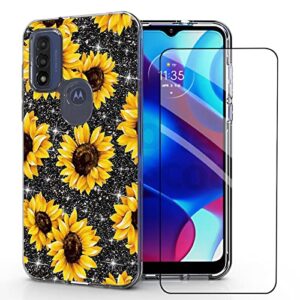 ddtkzc for motorola g pure case,moto g pure case, tempered glass protector lustre pattern-sparkle 3 in 1 clear shockproof case for moto g pure (yellow sunflower)