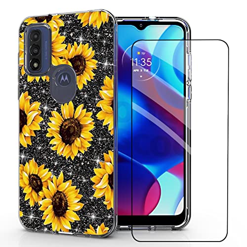 DDTKZC for Motorola G Pure Case,Moto G Pure Case, Tempered Glass Protector Lustre Pattern-Sparkle 3 in 1 Clear Shockproof Case for Moto G Pure (Yellow Sunflower)