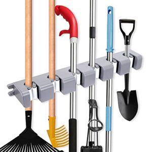 hikeen mop broom holder wall mount broom hanger holds up to 6 tools cleaning organizer for home kitchen garden garage tools storage