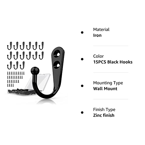 PRIGVOT 15 Pcs Black Wall Mounted Coat Hooks, Hanger Hook with 50 Pieces Screws for Towel, Key, Robe, Scarf, Bag, Cap, Coffee Cup, Mugs