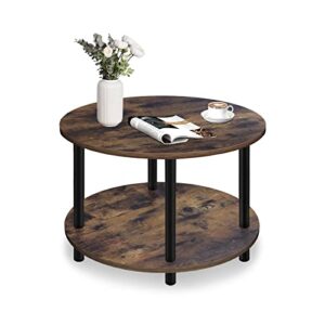 vanrohe small round coffee table for small space, 23.5" 2-tier rustic brown wooden coffee table with open storage for living room/balcony/office, metal legs, easy to assemble