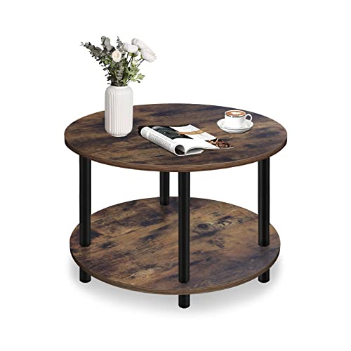 Vanrohe Small Round Coffee Table for Small Space, 23.5" 2-Tier Rustic Brown Wooden Coffee Table with Open Storage for Living Room/Balcony/Office, Metal Legs, Easy to Assemble