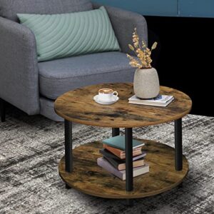 Vanrohe Small Round Coffee Table for Small Space, 23.5" 2-Tier Rustic Brown Wooden Coffee Table with Open Storage for Living Room/Balcony/Office, Metal Legs, Easy to Assemble