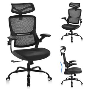 office chair ergonomic desk chair - leather cushion mesh high back with lumbar support computer chair, adjustable flip up arms, home office desk chair
