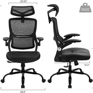 Office Chair Ergonomic Desk Chair - Leather Cushion Mesh High Back with Lumbar Support Computer Chair, Adjustable Flip Up Arms, Home Office Desk Chair
