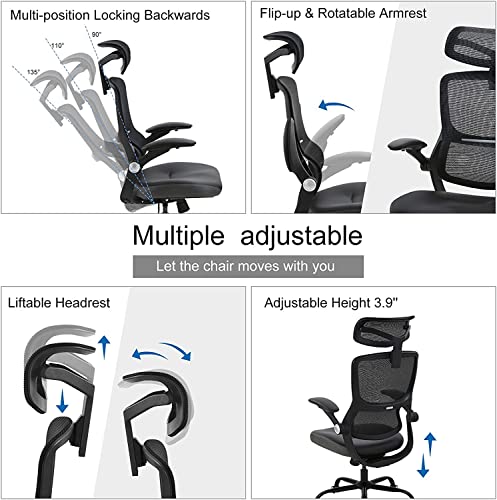 Office Chair Ergonomic Desk Chair - Leather Cushion Mesh High Back with Lumbar Support Computer Chair, Adjustable Flip Up Arms, Home Office Desk Chair