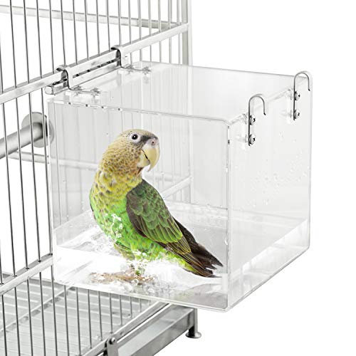 HOSUKKO Bird Bath for Cage No-Leakage 6.4inch x 6.4inch Acrylic Clear Bird Bathtub Parrot Parakeets Shower Bird Feeder for Cage Bathtub Box for Small Bird Parrot with 4 Hooks