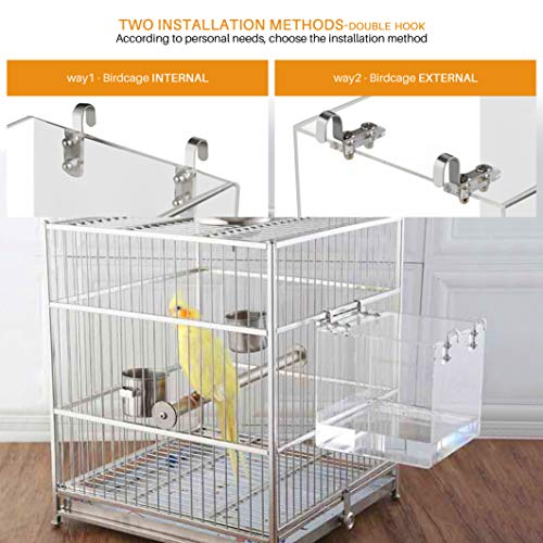 HOSUKKO Bird Bath for Cage No-Leakage 6.4inch x 6.4inch Acrylic Clear Bird Bathtub Parrot Parakeets Shower Bird Feeder for Cage Bathtub Box for Small Bird Parrot with 4 Hooks