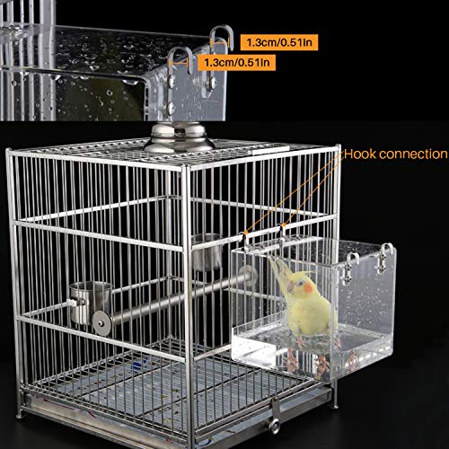 HOSUKKO Bird Bath for Cage No-Leakage 6.4inch x 6.4inch Acrylic Clear Bird Bathtub Parrot Parakeets Shower Bird Feeder for Cage Bathtub Box for Small Bird Parrot with 4 Hooks