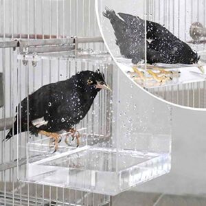 HOSUKKO Bird Bath for Cage No-Leakage 6.4inch x 6.4inch Acrylic Clear Bird Bathtub Parrot Parakeets Shower Bird Feeder for Cage Bathtub Box for Small Bird Parrot with 4 Hooks