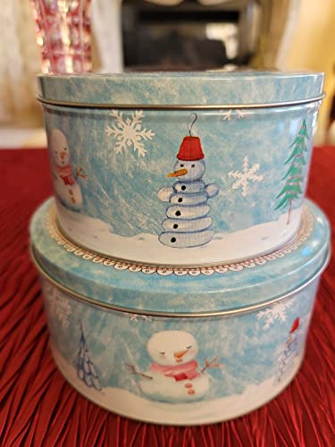 HADAAYA Round Merry Xmas Christmas Decorative Holiday Gifting tins, Set of 2. watercolor painted look with Santa, Snowman & Reindeer moose with Xmas tree