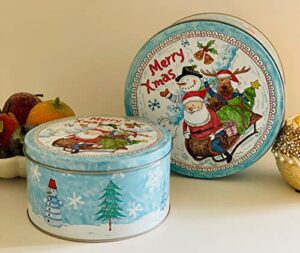 hadaaya round merry xmas christmas decorative holiday gifting tins, set of 2. watercolor painted look with santa, snowman & reindeer moose with xmas tree