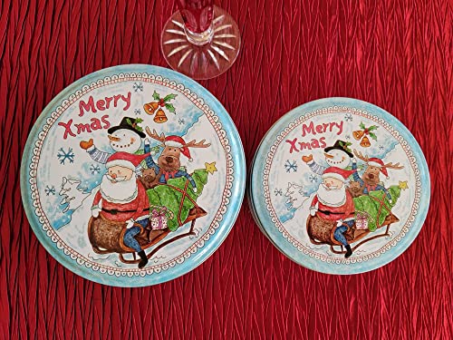 HADAAYA Round Merry Xmas Christmas Decorative Holiday Gifting tins, Set of 2. watercolor painted look with Santa, Snowman & Reindeer moose with Xmas tree