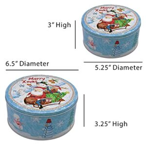 HADAAYA Round Merry Xmas Christmas Decorative Holiday Gifting tins, Set of 2. watercolor painted look with Santa, Snowman & Reindeer moose with Xmas tree