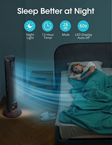 Tower Fan, 42”90° Oscillating Fan, DC Motor with 28dB, 12 Speeds, 4 Modes, Night Light, 12H Timer, LED Display, Quiet Cooling Bladeless Fan with Remote for Bedroom Living Room Office, Black,