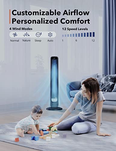 Tower Fan, 42” DC Motor Tower Fan with 28dB, 12 Speeds, 4 Modes, 90° Oscillating Fan, Night Light, 12H Timer, LED Display, Quiet Cooling Bladeless Fan with Remote for Bedroom Living Room Office