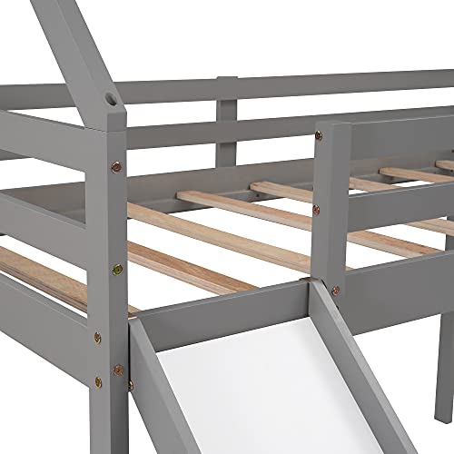 Harper & Bright Designs Twin Size Loft Bed with Slide, Kids House Bed with Slide, Solid Wood Twin Loft Bed Frame for Kids, Teens, Girls & Boys (New, Grey)