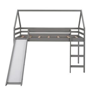 Harper & Bright Designs Twin Size Loft Bed with Slide, Kids House Bed with Slide, Solid Wood Twin Loft Bed Frame for Kids, Teens, Girls & Boys (New, Grey)