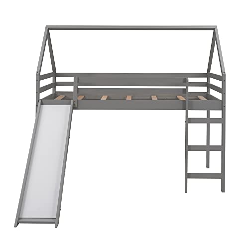 Harper & Bright Designs Twin Size Loft Bed with Slide, Kids House Bed with Slide, Solid Wood Twin Loft Bed Frame for Kids, Teens, Girls & Boys (New, Grey)