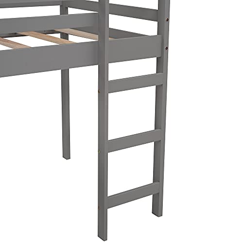 Harper & Bright Designs Twin Size Loft Bed with Slide, Kids House Bed with Slide, Solid Wood Twin Loft Bed Frame for Kids, Teens, Girls & Boys (New, Grey)