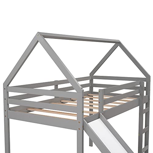 Harper & Bright Designs Twin Size Loft Bed with Slide, Kids House Bed with Slide, Solid Wood Twin Loft Bed Frame for Kids, Teens, Girls & Boys (New, Grey)