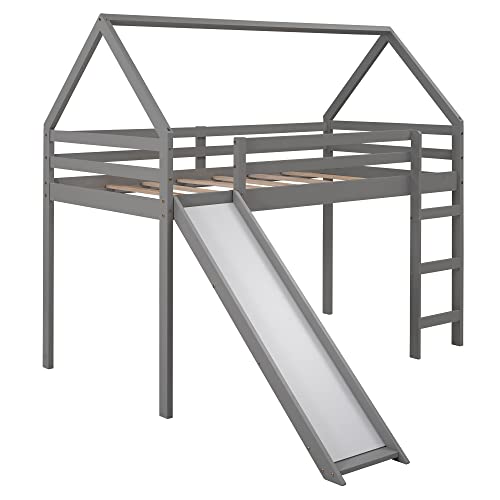 Harper & Bright Designs Twin Size Loft Bed with Slide, Kids House Bed with Slide, Solid Wood Twin Loft Bed Frame for Kids, Teens, Girls & Boys (New, Grey)