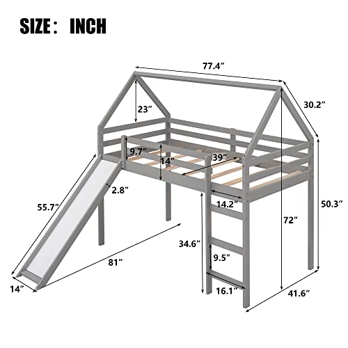 Harper & Bright Designs Twin Size Loft Bed with Slide, Kids House Bed with Slide, Solid Wood Twin Loft Bed Frame for Kids, Teens, Girls & Boys (New, Grey)