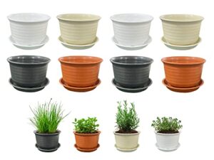 aqsxo 4 inch planter nursery pots, plastic planters pots for plants flower transplanting with drainage holes and saucers, 4 colors 8 pieces.