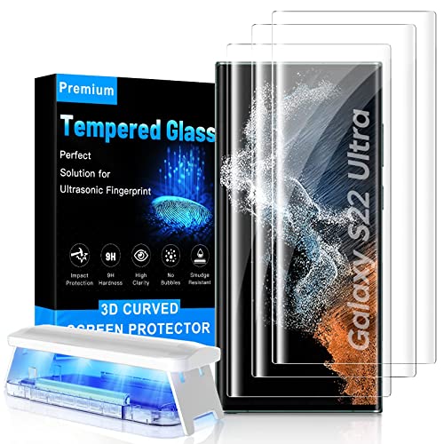 Mowei [3-Pack] for Galaxy S22 Ultra Screen Protector [Fully Support Fingerprint & S Pen] 3D Curved Tempered Glass for Samsung S22 Ultra 5G [Impact & Scratch Protection]