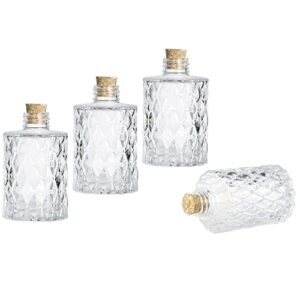 MyGift Vintage Textured Clear Glass Diffuser Bottles/Flower Bud Vases with Diamond-Faceted Pattern and Cork Lids, Set of 4
