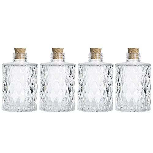 MyGift Vintage Textured Clear Glass Diffuser Bottles/Flower Bud Vases with Diamond-Faceted Pattern and Cork Lids, Set of 4