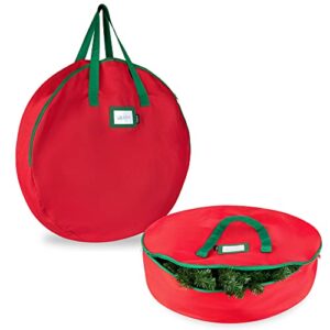 christmas wreath storage bag- 2-pack - durable tarp material, zippered, reinforced handle and easy to slip the wreath in and out. protect your holiday wreath from dust, insects, and moisture. (red)