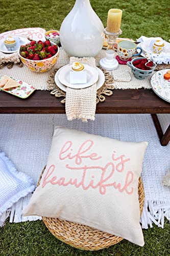 Mud Pie Color Sentiment Dhurrie Pillow, 22" x 22", Life is Beautiful