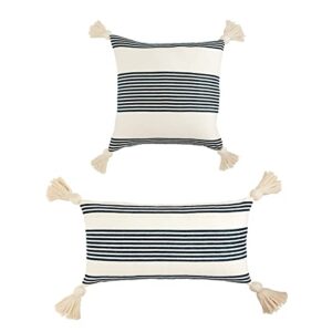 Mud Pie Blue/White Striped Tassel Pillow, 20" x 20", Square