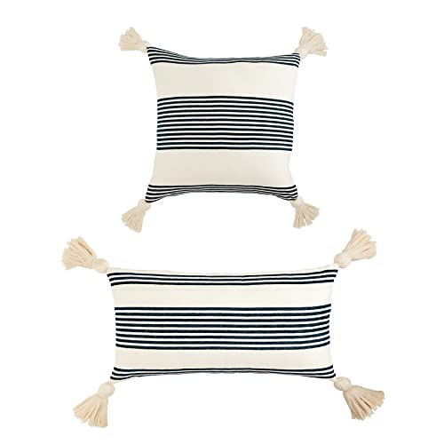 Mud Pie Blue/White Striped Tassel Pillow, 20" x 20", Square