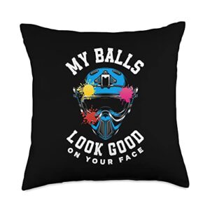 paintball player paintballer apparel & gifts my balls look good on your face funny paintball throw pillow, 18x18, multicolor