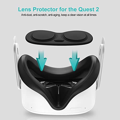 SUPERUS VR Silicone Face Cover Compatible for Oculus Quest 2 with Lens Protector, Washable Face Pad & Scratch-Resistant Lens Cover, Lightproof Dust-Proof Non-Slip VR Accessories 2-Pack Set (Black)