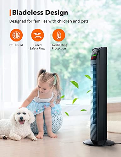 Tower Fan, 35” Oscillating Cooling Fan with 3 Speeds & 3 Modes, Auto Mode, Remote Control, LED Display, 12-Hour Timer, Portable Stand Up Floor Bladeless Fan for Bedrooms, Living Rooms, Kitchen, Offices