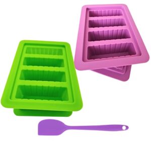 butter molds silicone tray 2packs - with silicone spatula, container with lid 4 stick forms for making herb butter candles baking cookies (lxe02.2 green & purple)