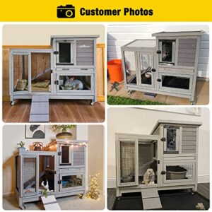 Aivituvin Wooden Bunny Hutch Indoor- Outdoor Rabbit Guinea Pig Cage for Small Animals with Exclusive Two Trays & Bottom Wire Mesh (Grey)