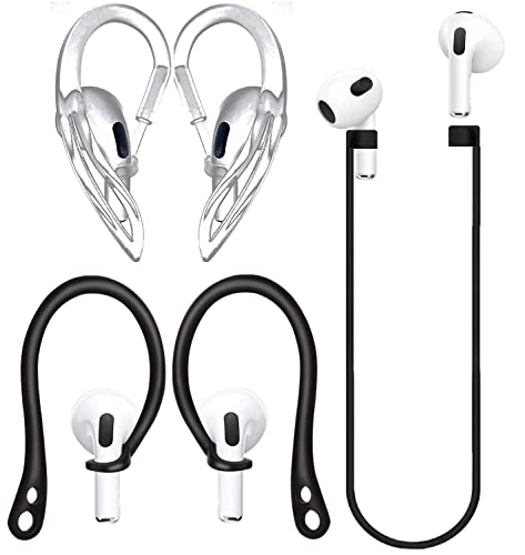 JNSA [Never Lose Your Air Pods Pro] Anti Slip Set, Sport Regular Ear Hook + Multi-Angle Adjustment Ear Hooks (Clear) + Strap,Compatible with AirPods 3 [3in1],(Clear-Black3)